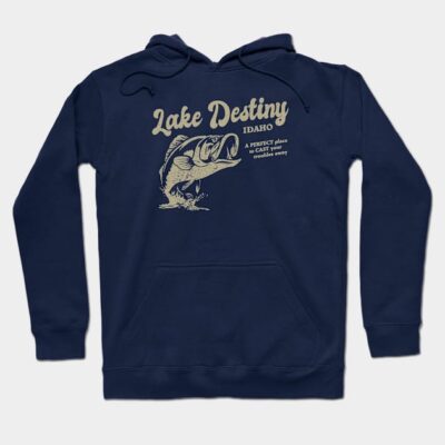 Navy blue hoodie with "Lake Destiny Idaho" fishing graphic, casual style, ideal for outdoor activities.
