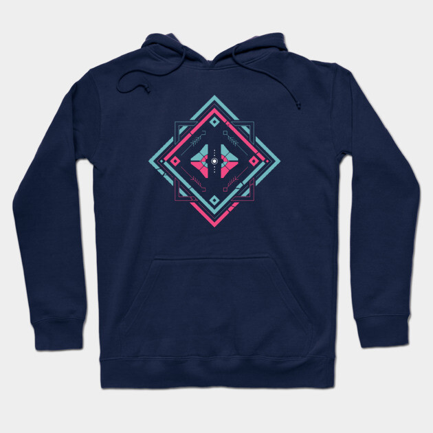 Navy blue hoodie with geometric graphic design, featuring teal and pink accents. Cotton material, casual style.