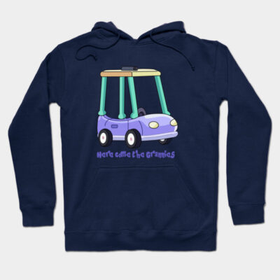 Navy blue hoodie with cartoon car design and "Here come the Grannies" text, featuring cozy cotton material.