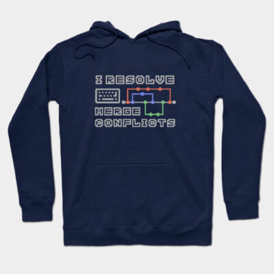 Navy blue hoodie with "I Resolve Merge Conflicts" text, graphic design. Ideal for coders, made from soft cotton.