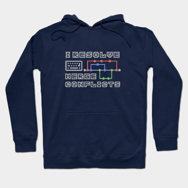 Navy blue hoodie with "I Resolve Merge Conflicts" text, graphic design. Ideal for coders, made from soft cotton.