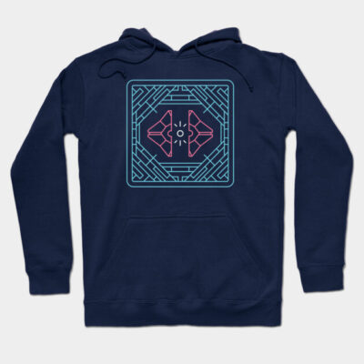 Navy blue hoodie with geometric neon design, featuring pink and blue accents. Ideal for casual wear, cotton blend.