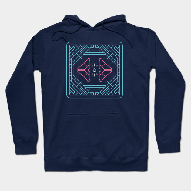 Navy blue hoodie with geometric neon design, featuring pink and blue accents. Ideal for casual wear, cotton blend.