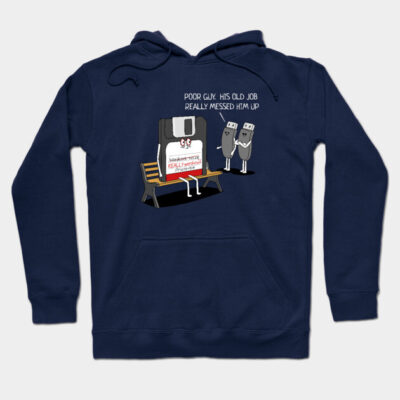 Navy blue hoodie with humorous floppy disk and USB cartoon, cotton material, casual wear, unisex style.