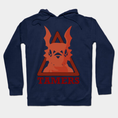 Navy blue hoodie with red graphic design and "Tamers" text, perfect for casual wear, cotton blend material.