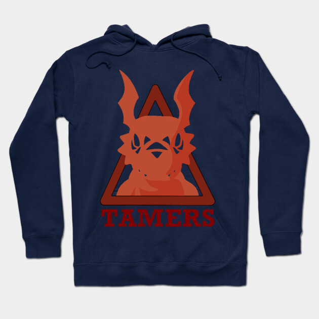 Navy blue hoodie with red graphic design and "Tamers" text, perfect for casual wear, cotton blend material.