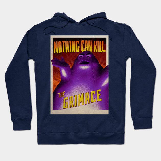 Navy hoodie with vintage-style purple character graphic and bold text, ideal for casual wear.