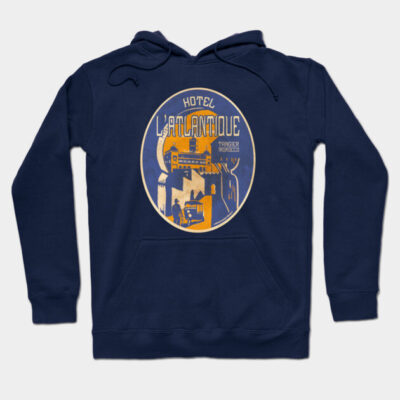 Navy blue hoodie with vintage "Hotel L'Atlantique" graphic, featuring classic travel design, soft cotton material.