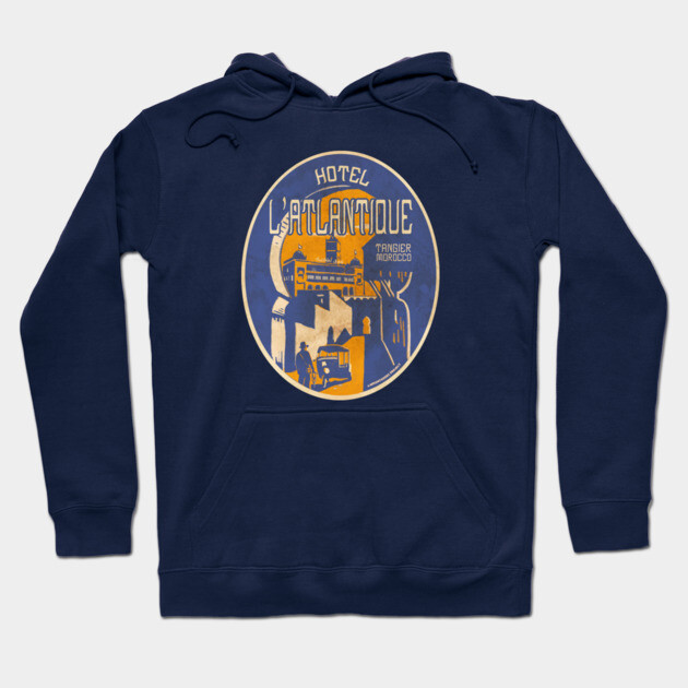 Navy blue hoodie with vintage "Hotel L'Atlantique" graphic, featuring classic travel design, soft cotton material.