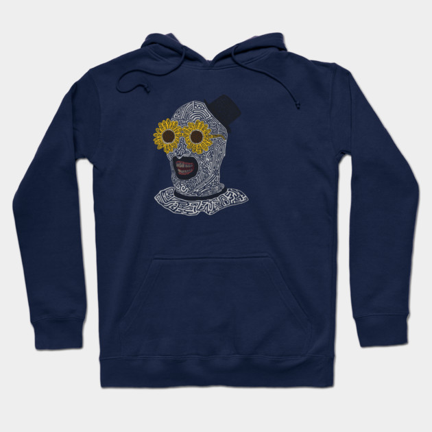 Navy blue hoodie with abstract face print, featuring sunflower glasses and intricate line art, casual wear.