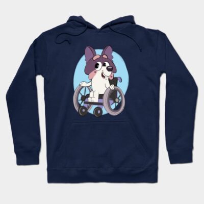 Navy blue hoodie with playful dog in a wheelchair graphic, perfect for casual wear. Soft cotton material, unisex style.