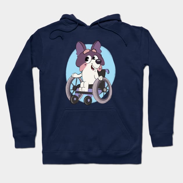 Navy blue hoodie with playful dog in a wheelchair graphic, perfect for casual wear. Soft cotton material, unisex style.