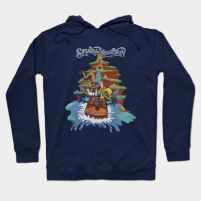 Navy blue hoodie with colorful cartoon design, featuring a log ride theme, made of soft cotton material.