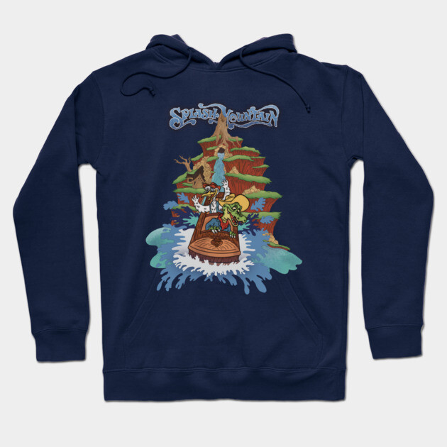 Navy blue hoodie with colorful cartoon design, featuring a log ride theme, made of soft cotton material.