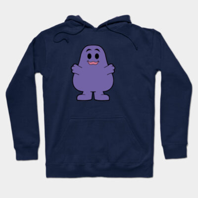 Navy blue hoodie with purple cartoon character design, casual style, comfortable cotton blend, unisex.