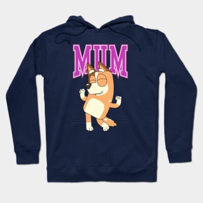 Navy blue hoodie with cartoon dog graphic and "MUM" text, casual style, cozy cotton material, ideal for everyday wear.