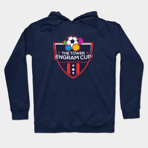 Navy blue hoodie with "The Tower Engram Cup" logo, casual style, perfect for sports events or everyday wear.