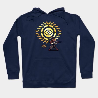 Navy blue hoodie with pixel art design, featuring a character aiming at a stylized sun. Comfortable and stylish apparel.