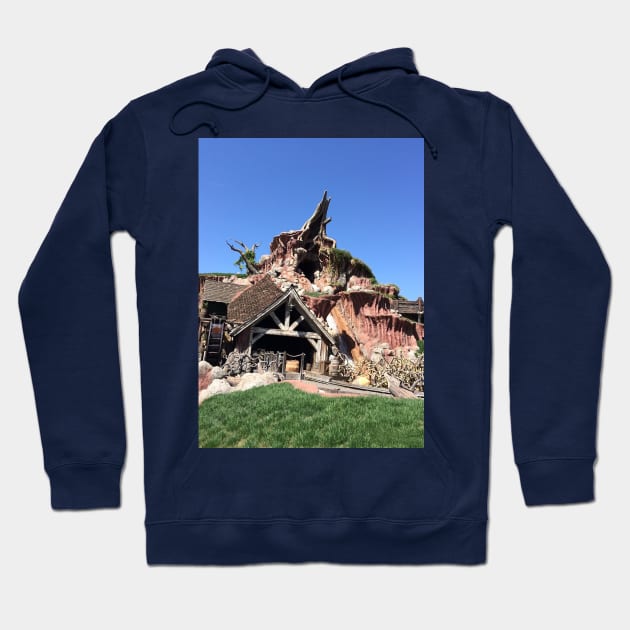Navy blue hoodie featuring a colorful outdoor scene graphic, casual cotton blend, perfect for everyday wear.