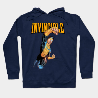 Navy blue "Invincible" hoodie featuring dynamic superhero design, cotton blend, comfortable fit for casual wear.