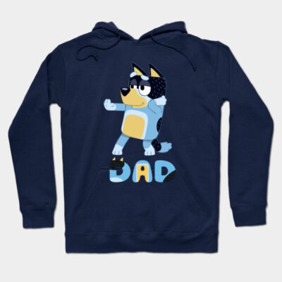 Navy blue hoodie with cartoon dog design and "Dad" text, cozy casual wear for fathers, soft cotton material.