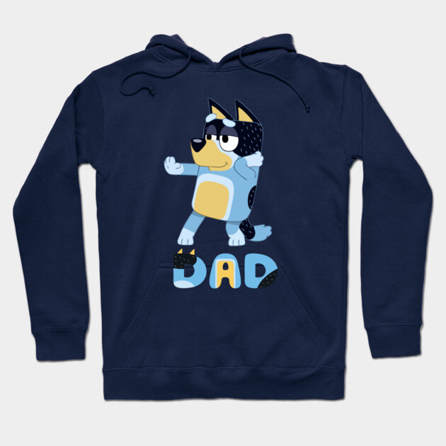 Navy blue hoodie with cartoon dog design and "Dad" text, cozy casual wear for fathers, soft cotton material.