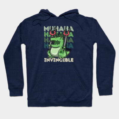 Navy blue hoodie with cartoon dinosaur graphic and "Invincible" text, perfect for casual wear or gifting.