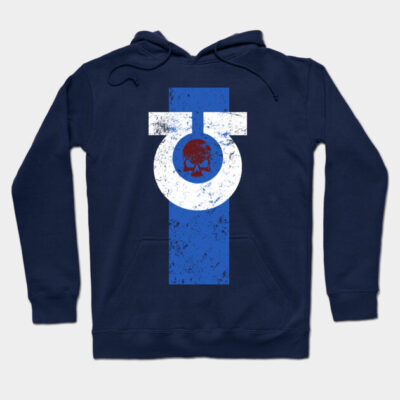 Navy blue hoodie with bold white and blue geometric design, featuring a subtle red skull motif. Ideal for casual wear.