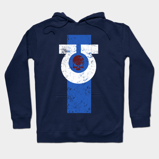 Navy blue hoodie with bold white and blue geometric design, featuring a subtle red skull motif. Ideal for casual wear.