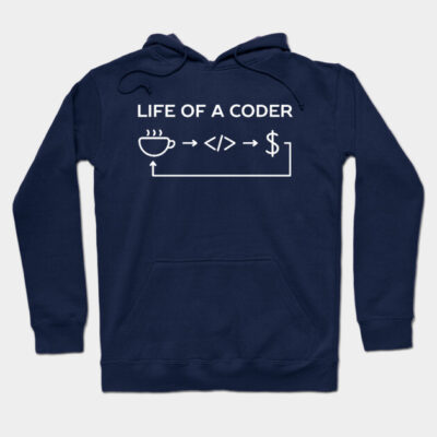 Navy blue hoodie with "Life of a Coder" text and graphic, ideal for programmers, cozy cotton blend material.