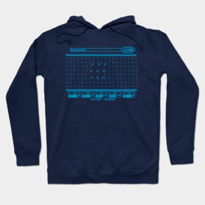 Navy blue hoodie with futuristic graphic design, cotton blend, casual style, perfect for everyday wear.