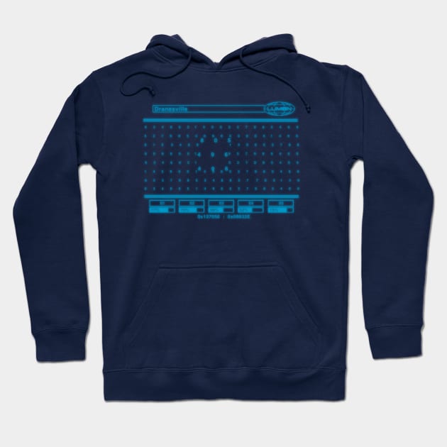 Navy blue hoodie with futuristic graphic design, cotton blend, casual style, perfect for everyday wear.