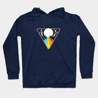 Navy blue hoodie with colorful geometric design, triangle pattern, casual wear, cotton blend material.