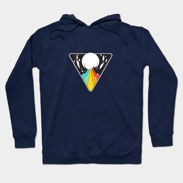 Navy blue hoodie with colorful geometric design, triangle pattern, casual wear, cotton blend material.