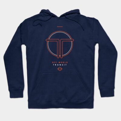Navy blue hoodie with futuristic graphic design, featuring front pocket and drawstrings, ideal for casual wear.