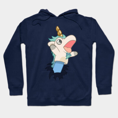 Navy blue hoodie with whimsical unicorn puppet graphic, casual style, ideal for cozy wear or gift.