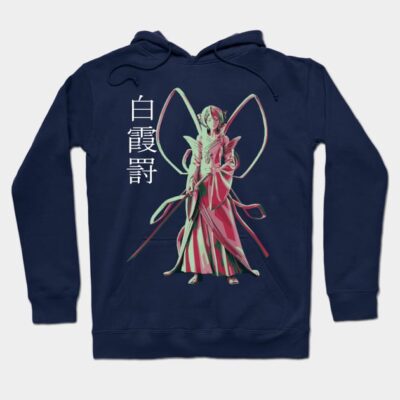 Navy blue hoodie with anime character and Japanese text, cotton blend, casual wear, unisex style.