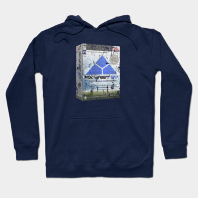 Navy blue hoodie with retro gaming box design on the front, featuring a classic logo. Casual, soft cotton blend.