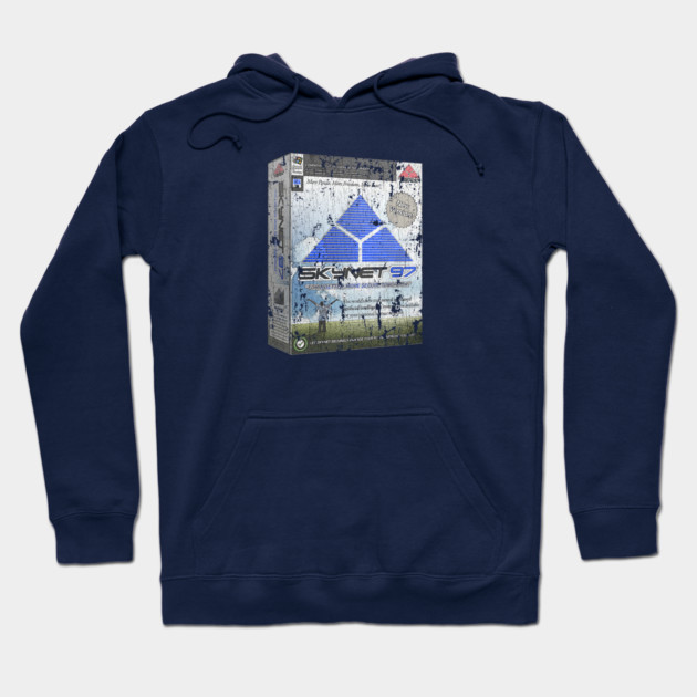 Navy blue hoodie with retro gaming box design on the front, featuring a classic logo. Casual, soft cotton blend.
