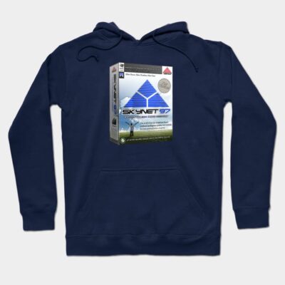 Navy blue hoodie with a retro Skynet graphic, cozy cotton material, casual style for everyday wear.