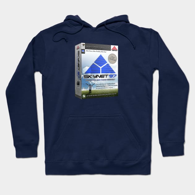Navy blue hoodie with a retro Skynet graphic, cozy cotton material, casual style for everyday wear.