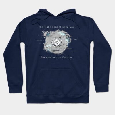 Navy blue graphic hoodie with futuristic design and text, cozy cotton material, perfect for casual wear.