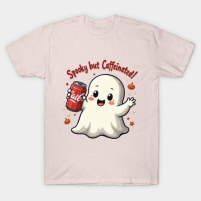 Pink t-shirt with cute ghost and soda print, text "Spooky but Caffeinated," Halloween theme, casual wear, cotton material.