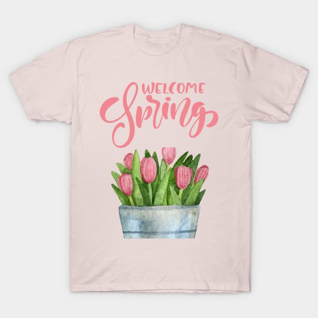 Pink "Welcome Spring" T-shirt with tulip design, casual style, soft cotton fabric, perfect for spring wear.