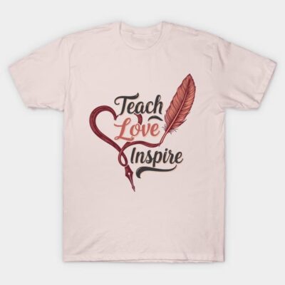 "White cotton T-shirt with 'Teach Love Inspire' design in red and black, featuring a heart and feather illustration."