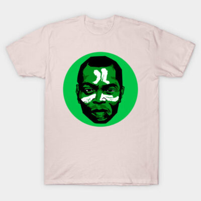 Beige T-shirt with green circle graphic design, featuring abstract face art, casual cotton attire for everyday wear.