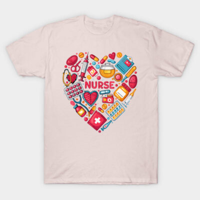 Pink nurse-themed T-shirt with heart-shaped medical tool design, ideal for healthcare professionals, cotton material.