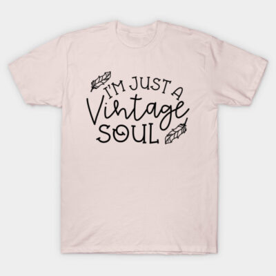 Beige t-shirt with "I'm Just a Vintage Soul" text and feather design, casual style, cotton material, unisex fit.