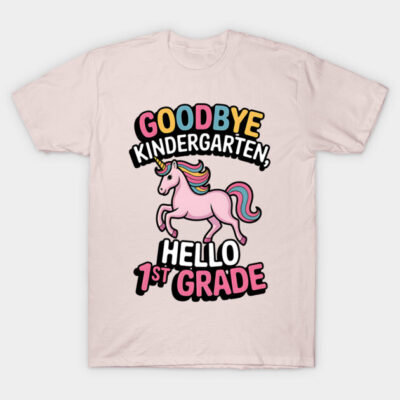 Pink t-shirt with unicorn design, text "Goodbye Kindergarten, Hello 1st Grade," perfect for school transition.