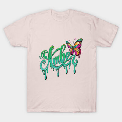 Pink t-shirt with colorful butterfly and teal script design, casual style, cotton material, ideal for everyday wear.